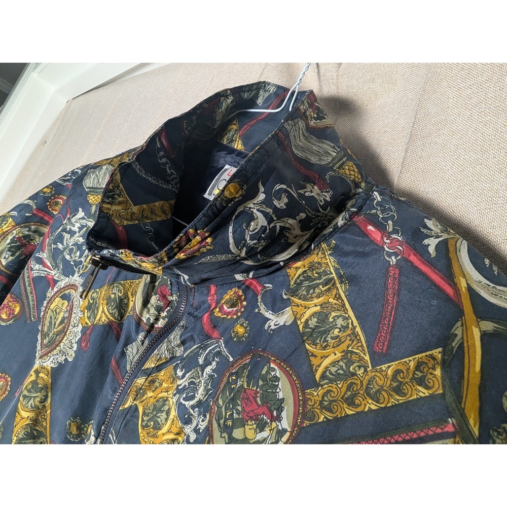 Lady CA Sport Vintage Silk Bomber Jacket 2X Navy Blue Baroque Chain Print Zip - Picture 5 of 11